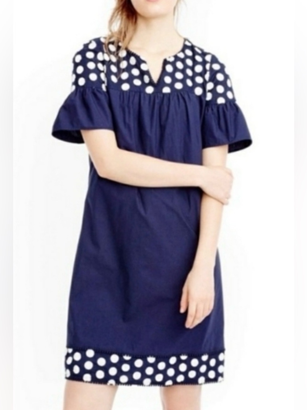J.Crew Bell Sleeve Dress with Fringe Dots Navy and White Mini Size 0
